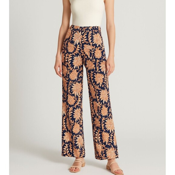 Christian Siriano Tropical  Linen Blend Floral Pants XL Pull-On Boho Wide Leg - Picture 1 of 9